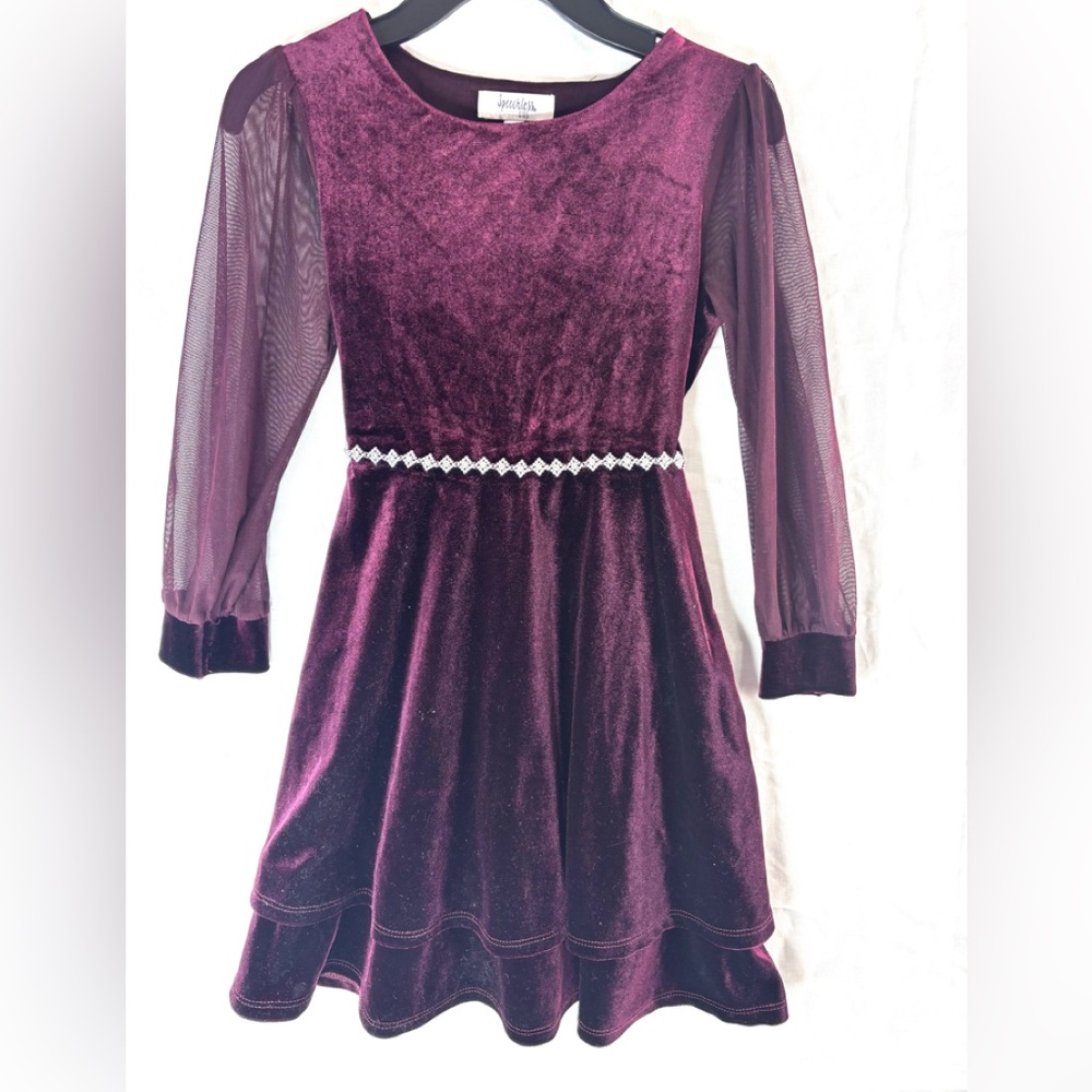 Speechless Kids 8 Girls Burgundy Velvet Formal Dress with Silver Jewel Accents